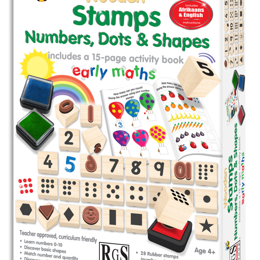Box of wooden stamps with numbers, dots, and shapes and an activity book on a white background