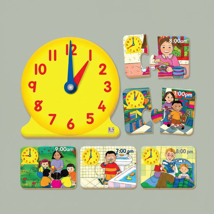 A children's educational clock puzzle set featuring a large yellow clock face with red and blue hands, surrounded by smaller illustrated puzzle pieces showing different daily scenes and times.