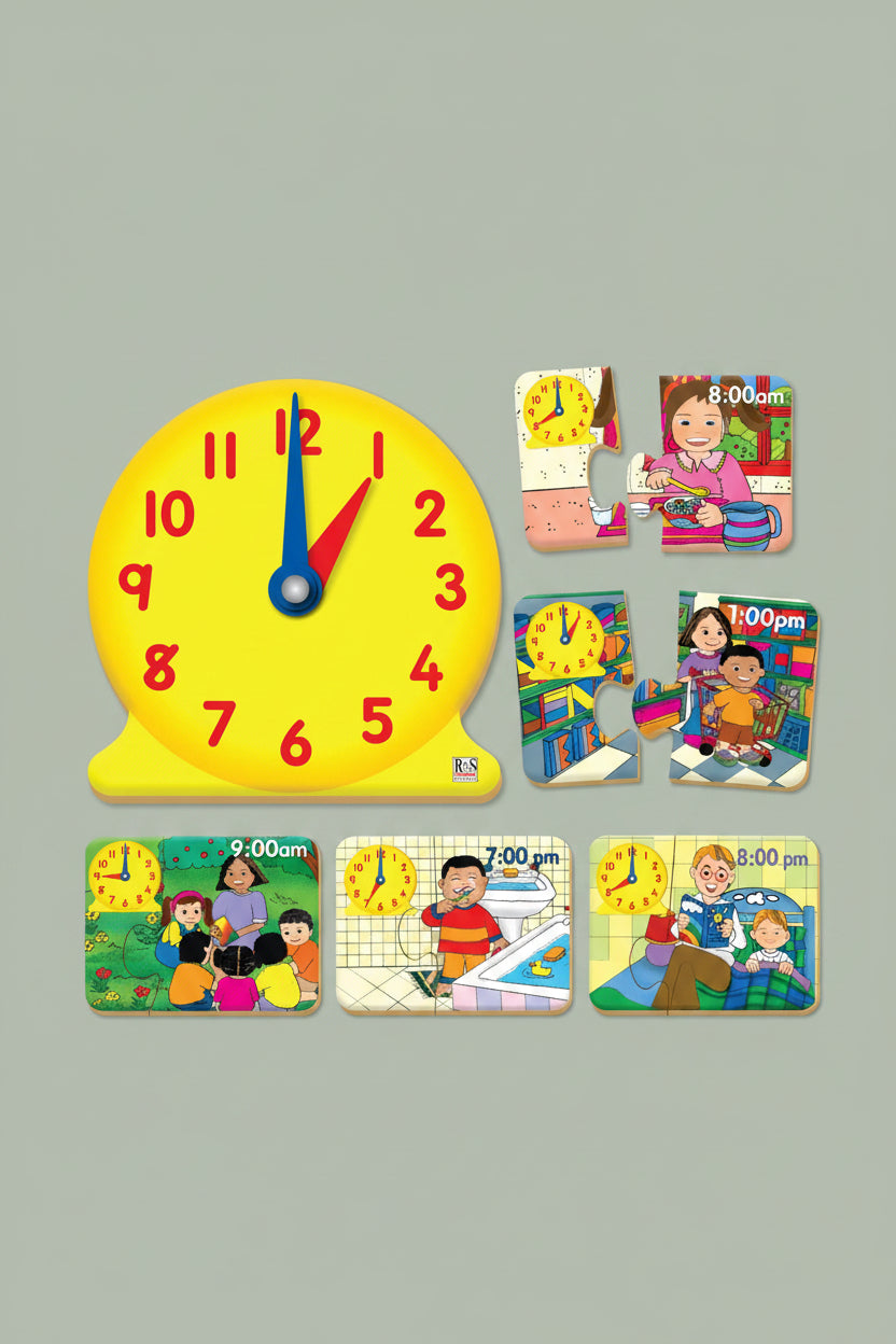 A children's educational clock puzzle set featuring a large yellow clock face with red and blue hands, surrounded by smaller illustrated puzzle pieces showing different daily scenes and times.