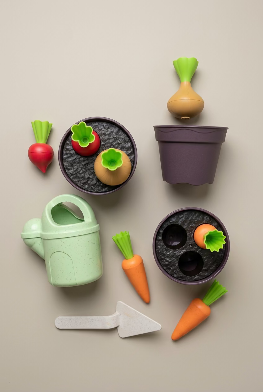 A set of wooden toy gardening items including two pots with planters, a watering can, a trowel, carrots, radishes, and an onion, arranged on a light wood background.