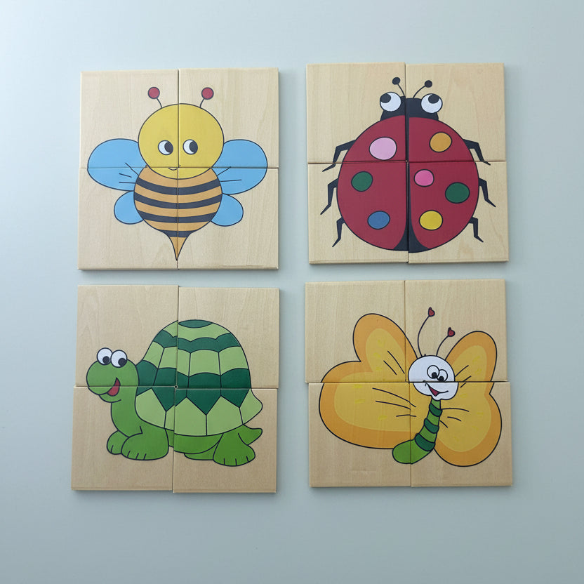 wooden block puzzle 4 puzzles of 4 pieces each in a wooden box