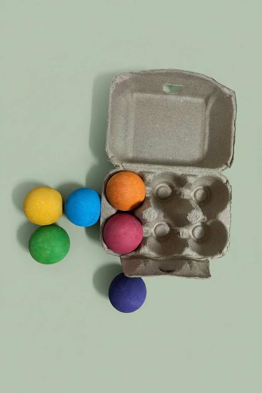A cardboard egg carton with six colorful craft wooden balls in orange, pink, blue, green, yellow, and purple.