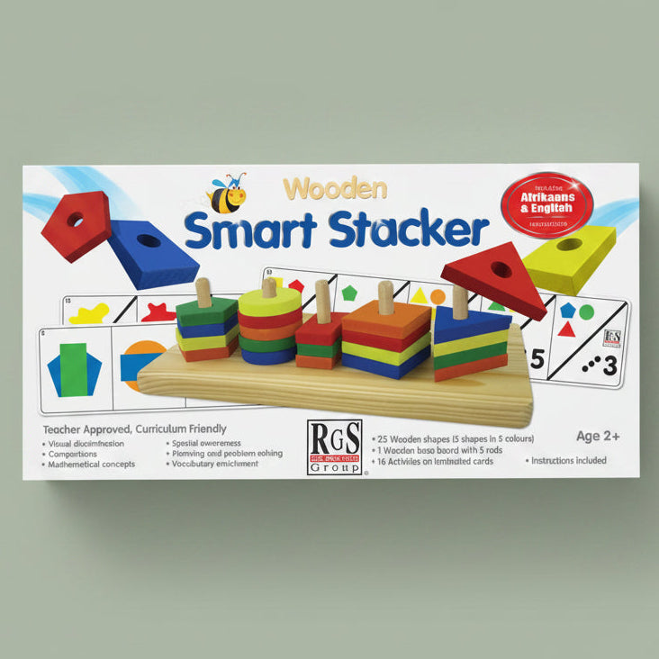 Wooden Smart Stacker educational toy on a green background