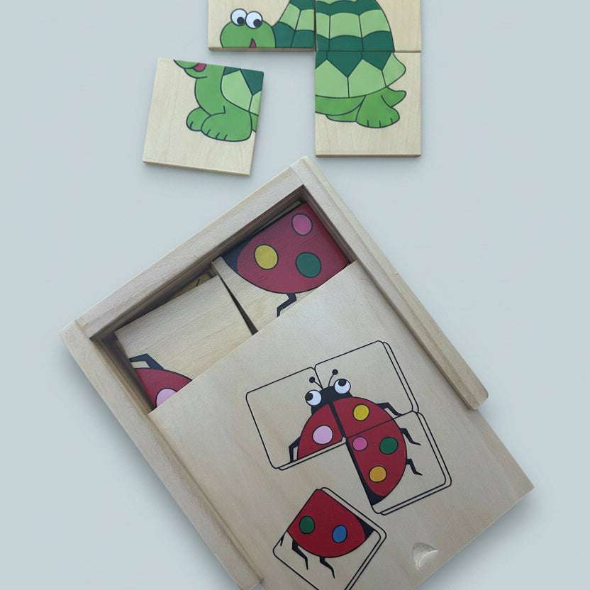Wooden puzzle with colorful ladybug and caterpillar pieces