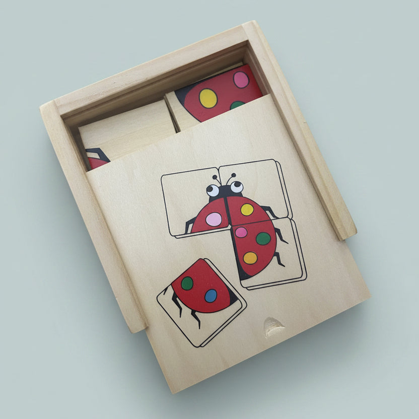 Wooden puzzle with ladybug design on a wooden surface