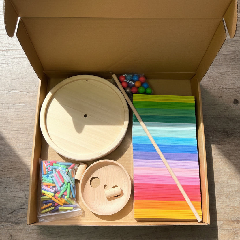 packed box of pieces needed for the rainbow tower