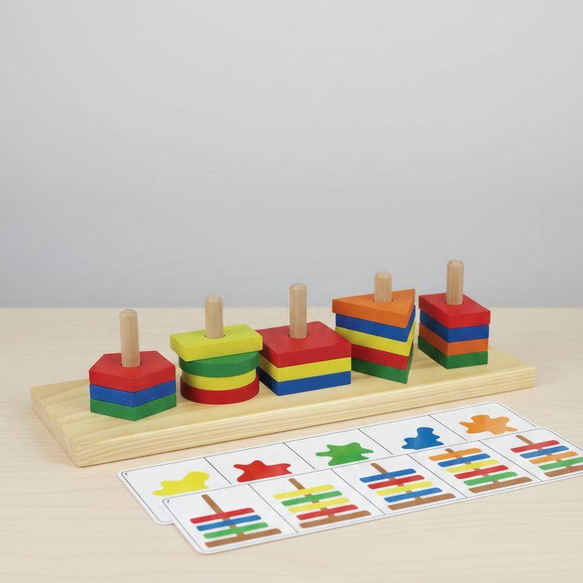 Colorful wooden geometric shapes on a wooden board with copy cards below