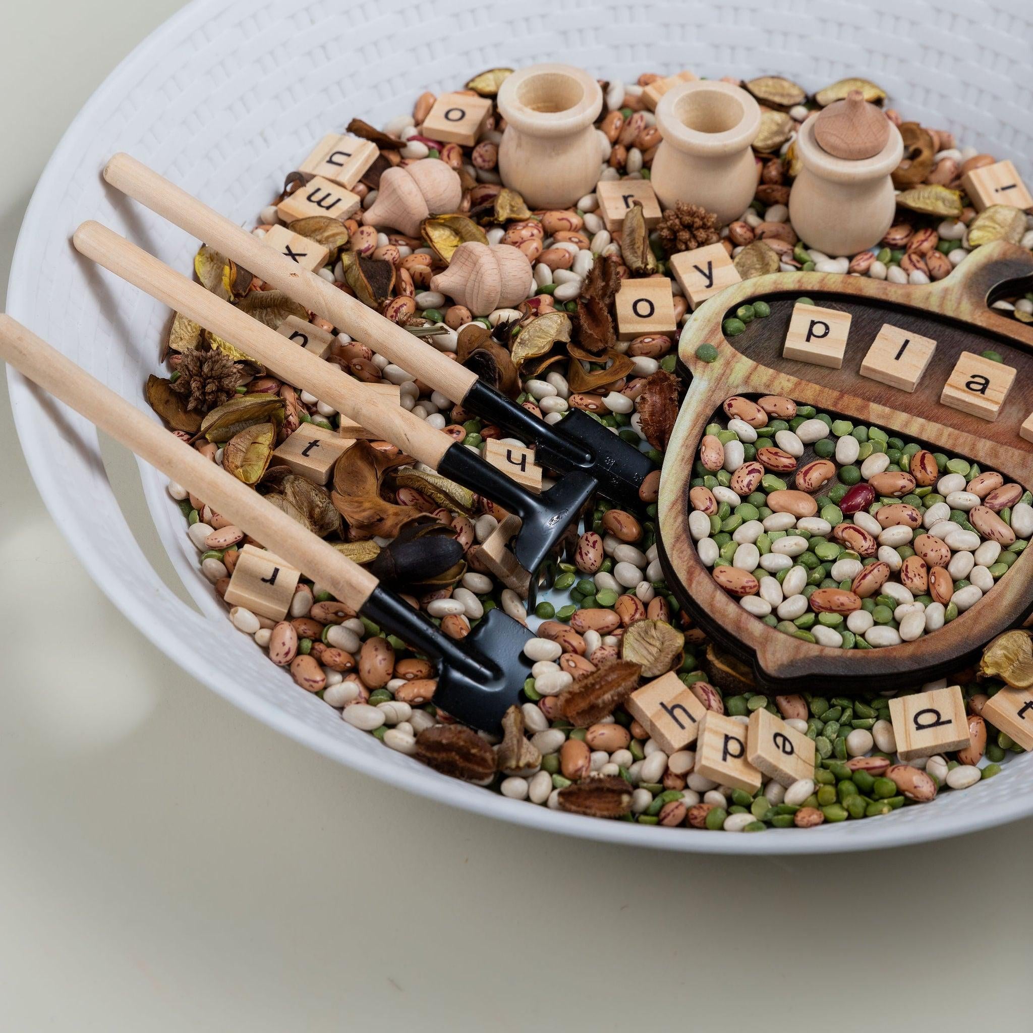 Alphabet Forest Floor sensory set with wooden alphabet tiles, legumes and peg dolls for early literacy and sensory play