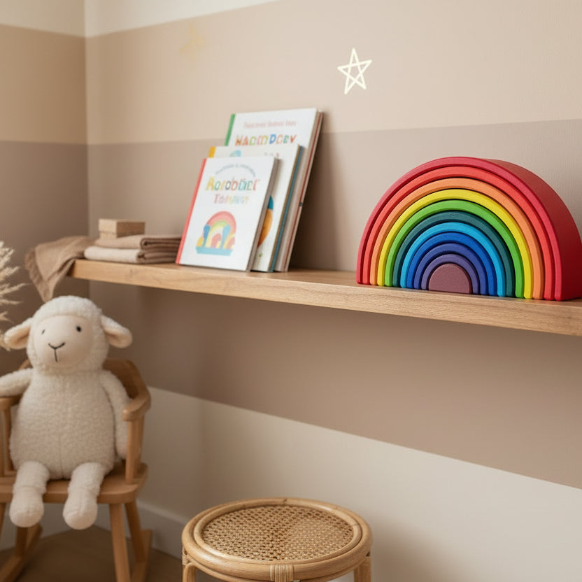 wooden rainbow in nursery shelve