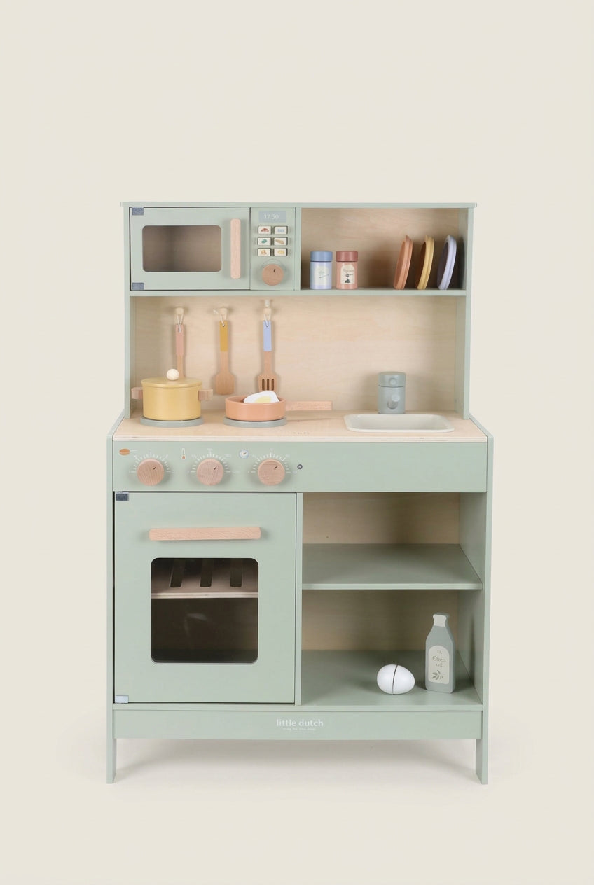 Children's play kitchen set with various accessories on a white background
