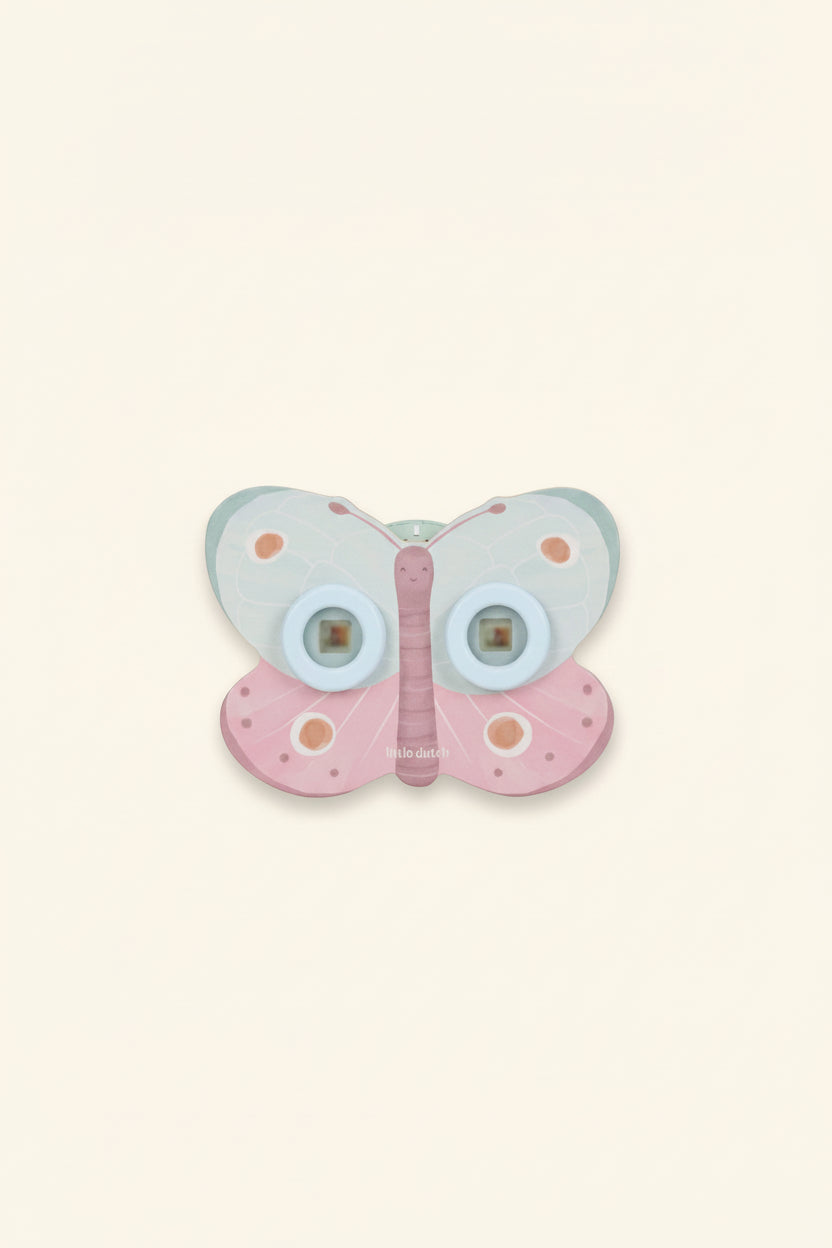 Butterfly-shaped view mastert with pink and blue colors on a beige background
