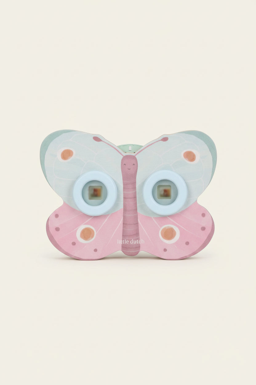 Butterfly-shaped viewer with pink and blue colors on a beige  background