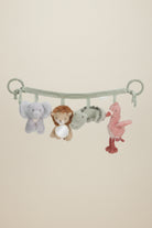 Baby stroller mobile with plush toys including an elephant, lion, hippo, and flamingo on a white background.