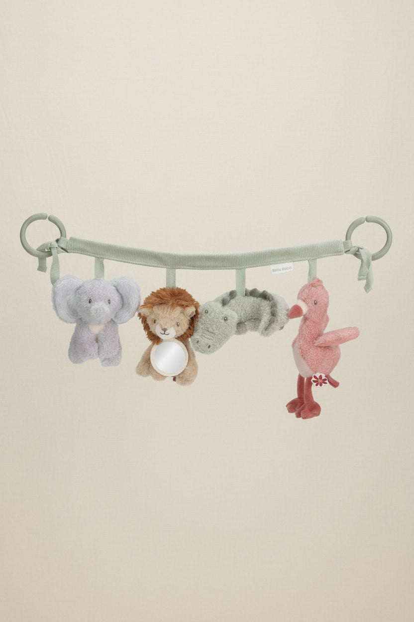 Baby stroller mobile with plush toys including an elephant, lion, hippo, and flamingo on a white background.