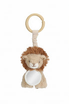 Plush lion toy with a wooden ring on a white background