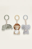Three plush animal toys with rings on a white background
