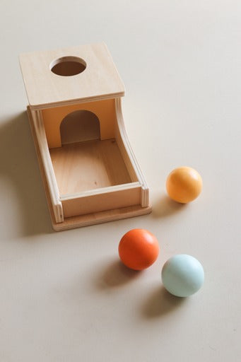 Pastel 3 ball posting Montessori box with coloured balls - hand-eye coordination and object permanence toy for babies