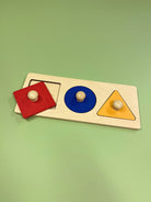 Colorful wooden shape sorting toy on a green background
