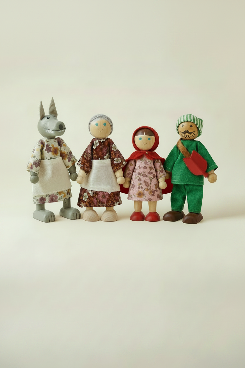Four bendable fabric dolls standing in a row,  a grey wolf in a floral dress and apron, Little Red Riding Hood in a pink dress with red cape and hood, a grey-haired Grandmother in a floral dress and apron, and a Woodsman in a green outfit with a striped cap and axe, shown against a white background