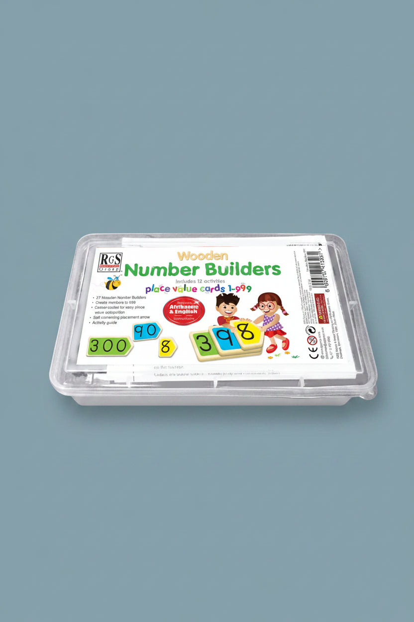  Learning Wooden Number Builders set in a clear plastic storage container with a white and colorful label, containing wooden number tiles from 1 to 999.