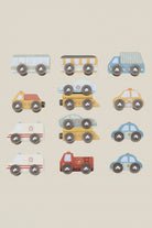 Set of colorful toy vehicles on a white background
