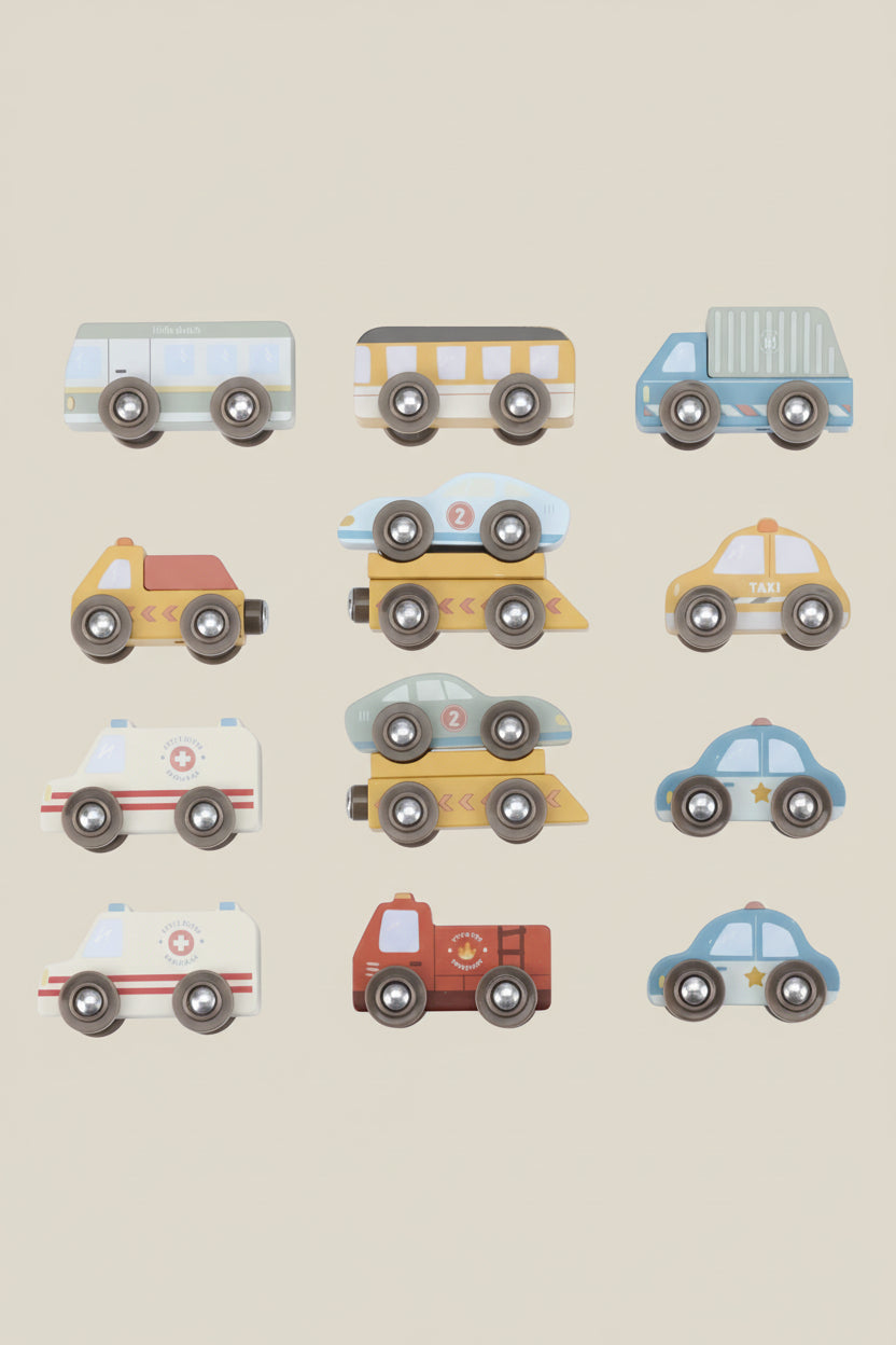 Set of colorful toy vehicles on a white background