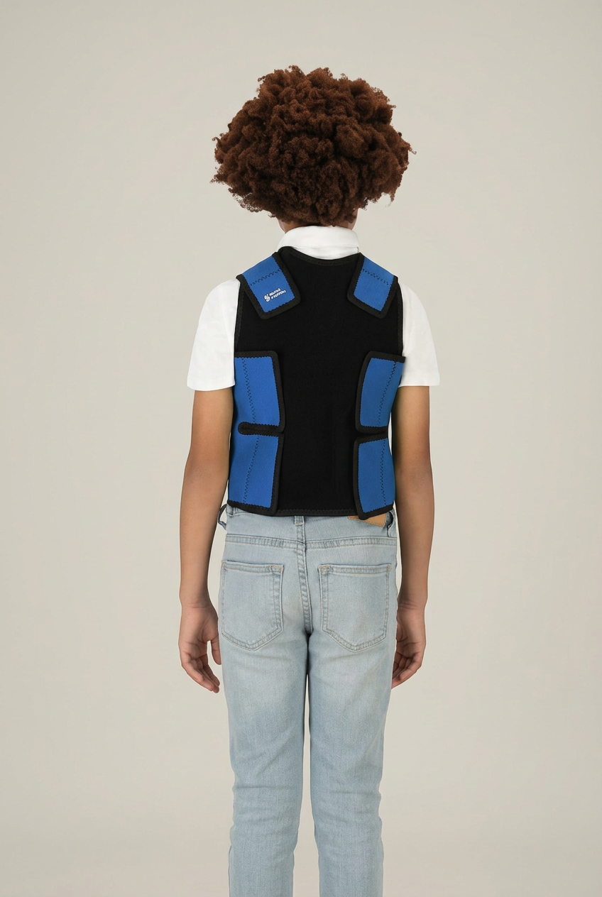 A person shown from the back wearing a black sensory pressure vest  vest with bright blue panels, over a white t-shirt and light blue jeans, against a plain white background.