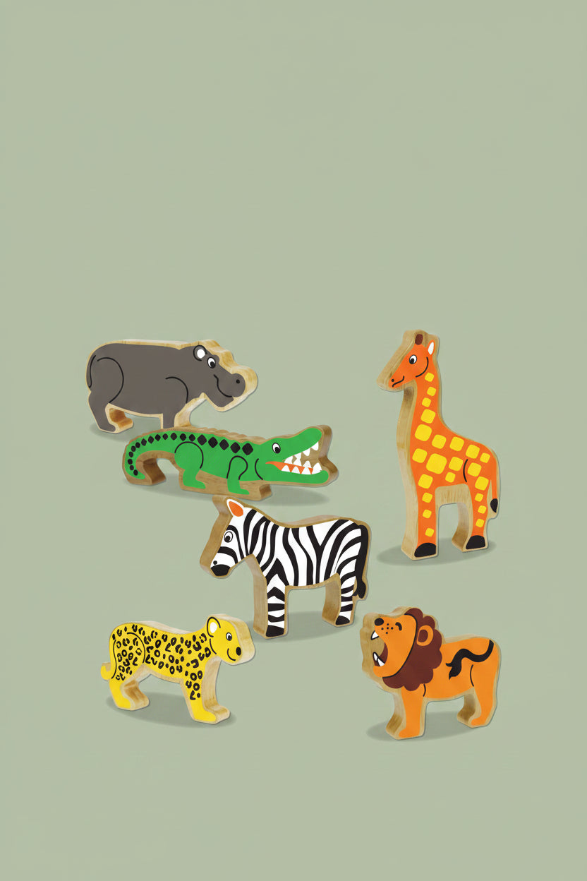 A set of wooden animal toy figures including a hippopotamus, crocodile, giraffe, zebra, cheetah, and lion, arranged on a plain white background.