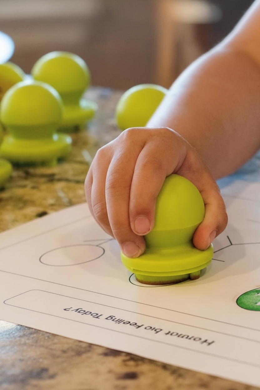 Child stamping different facial expressions into play dough during sensory play activity.