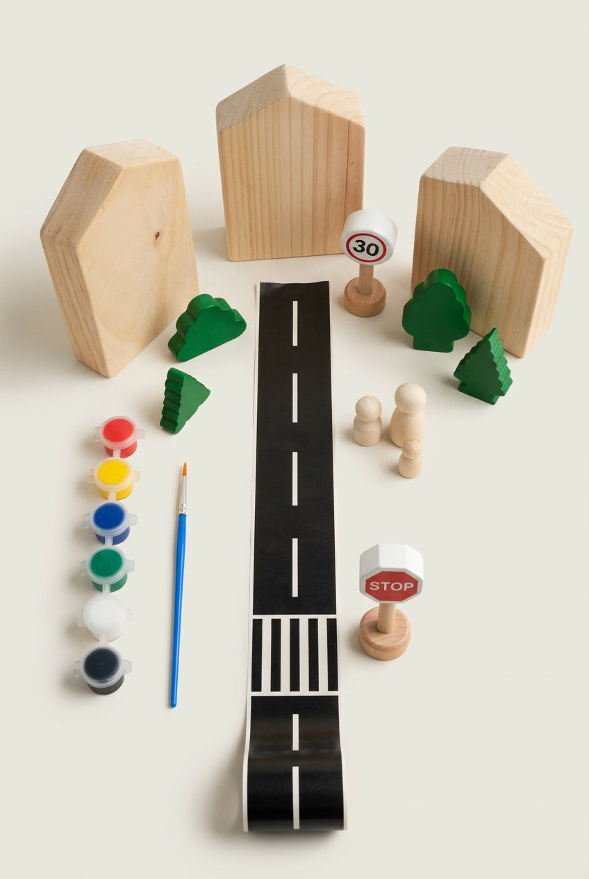 A children's wooden toy road playset arranged on a light beige surface, including a black road with white dashed lines, wooden house shapes, green trees, small wooden cars, a paint palette with a blue paintbrush, and a speed-limit sign.