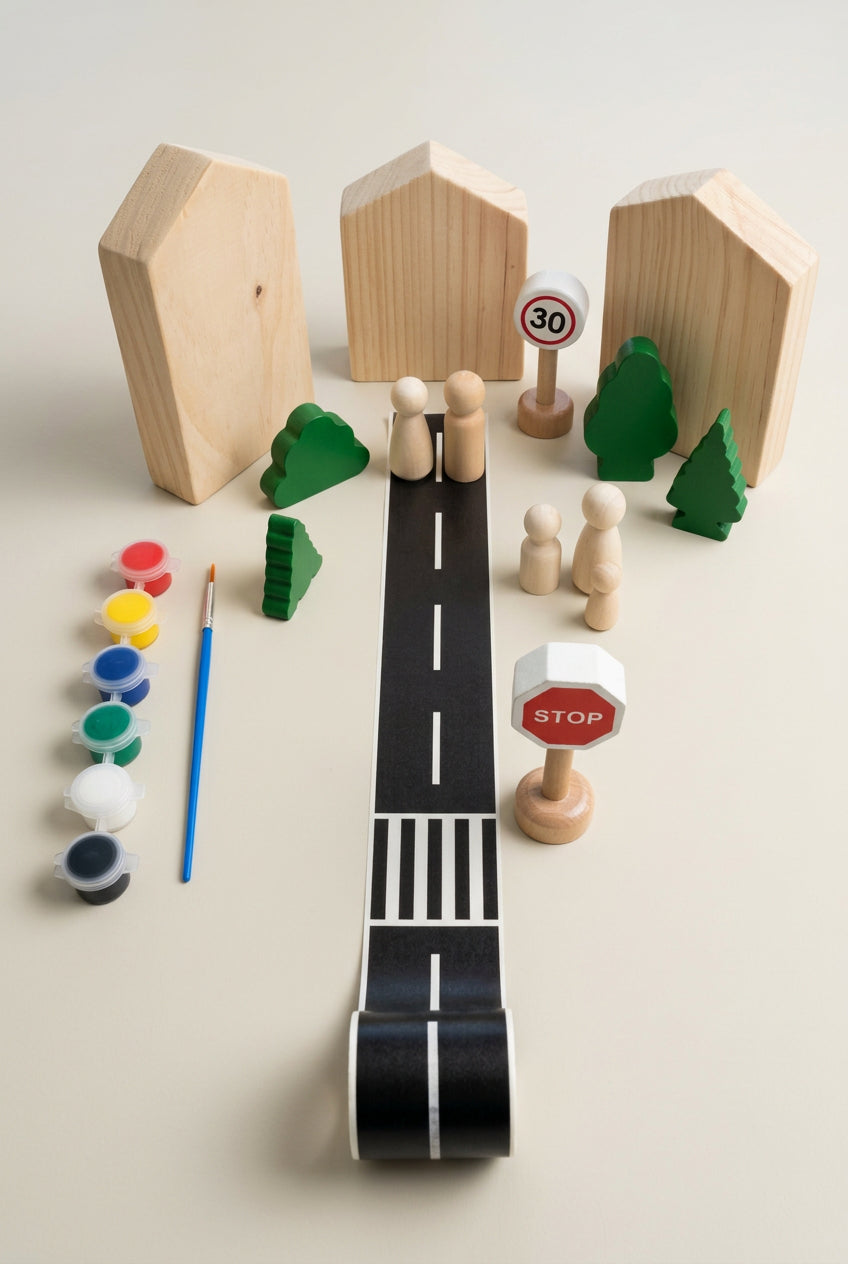 A children's wooden toy road scene with a black-and-white road, small wooden houses, green trees, stop sign, speed limit sign, and unpainted wooden figures, arranged on a tabletop.