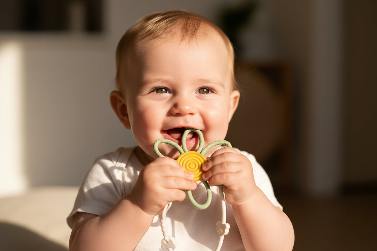 Baby holding flower shaped teether toy