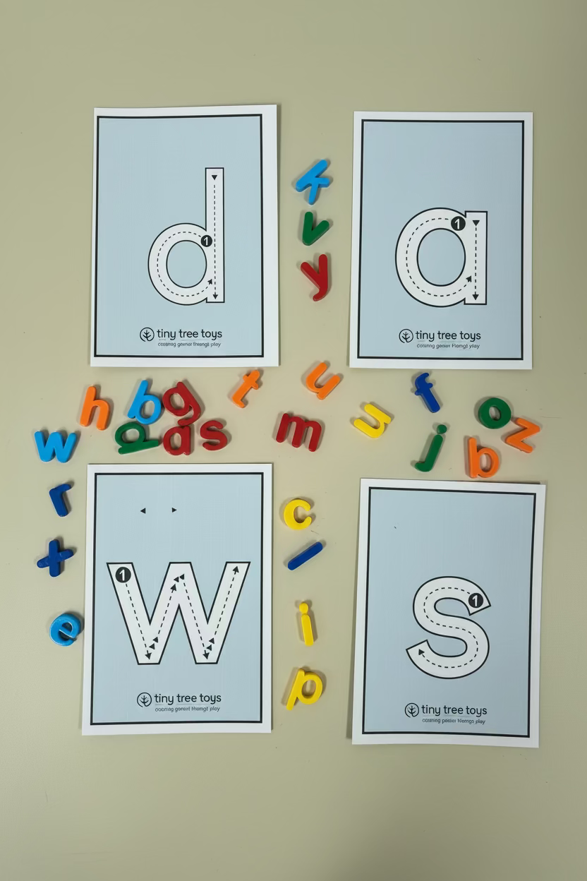 Four printable tracing cards for lowercase letters d, a, w, and s arranged on a wooden surface, surrounded by colorful magnetic alphabet letters. The brand name 'tiny tree toys' is visible at the bottom of each card.