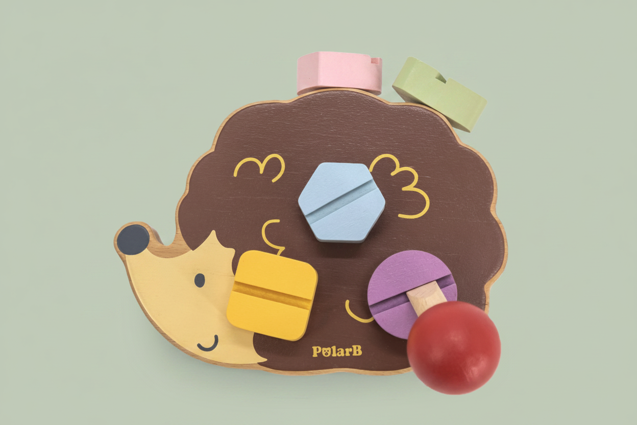 wooden hedgehog with big screws and screwdriver 
