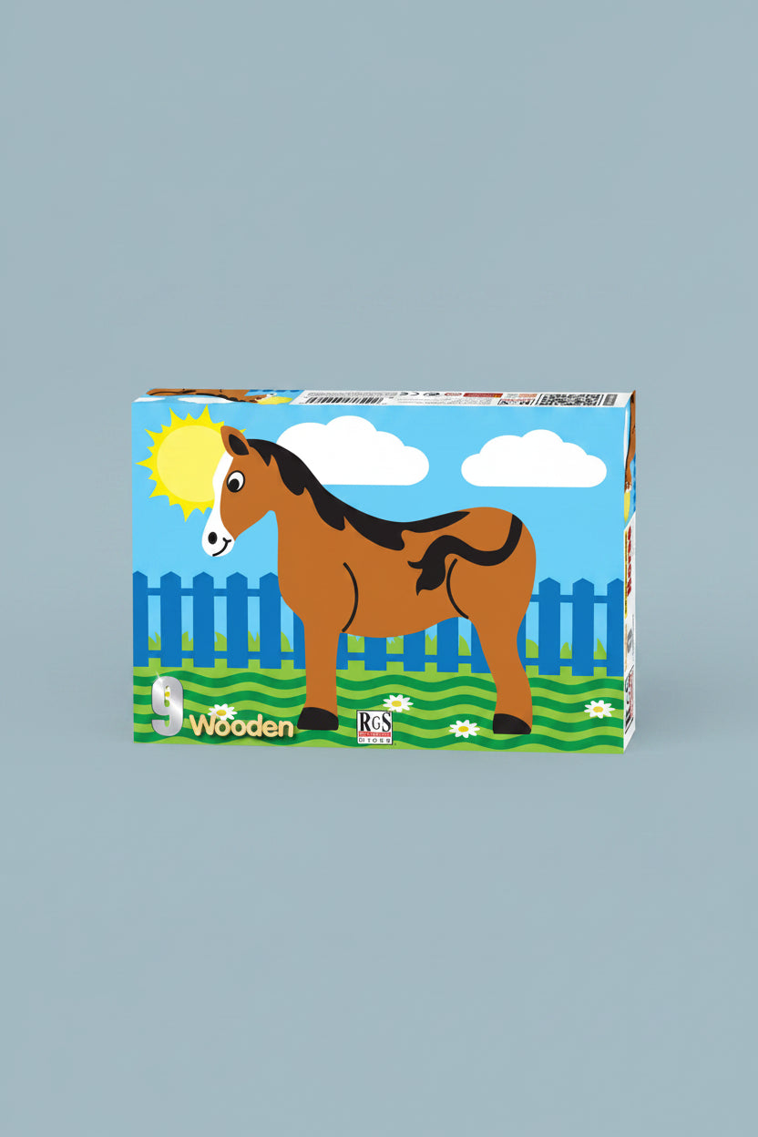 A 9-piece wooden puzzle box featuring a cartoon brown horse with a black mane standing in a blue fence and green grass under a blue sky with a yellow sun.
