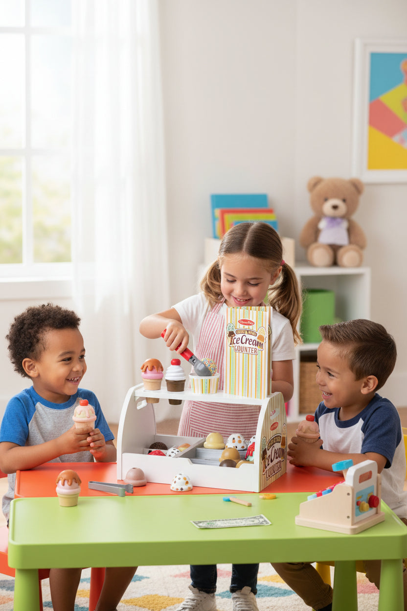 Toy ice cream counter set with various accessories on a gray surface.