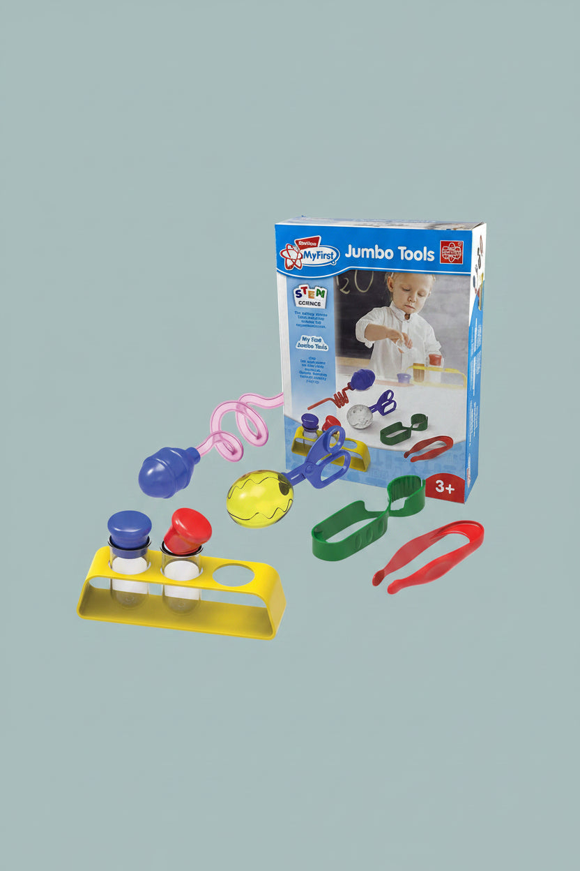 Colorful toy set with tools and packaging labeled 'My First Jumbo Tools' on a white background.