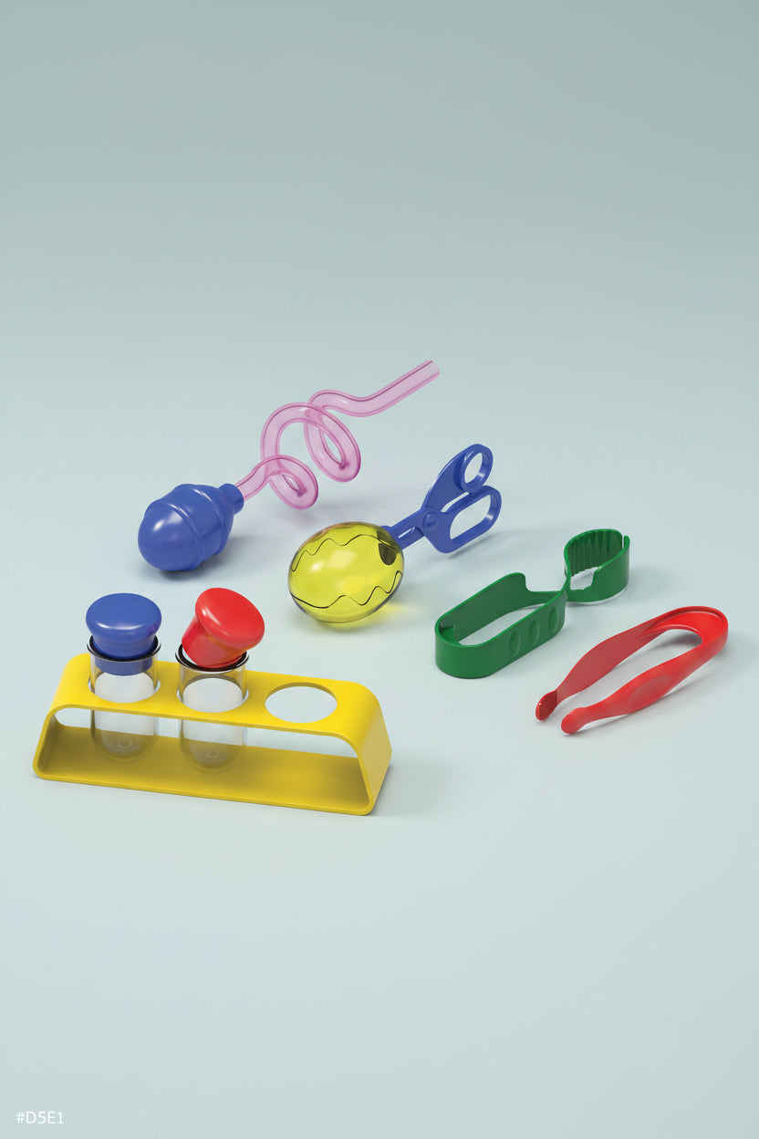 Colorful set of sensory play  tools including a blue and red tool, yellow ball, green clip, and more on a white background.