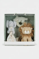 Set of plush toys including a lion, elephant, and rattle in a Little Dutch box. gift set