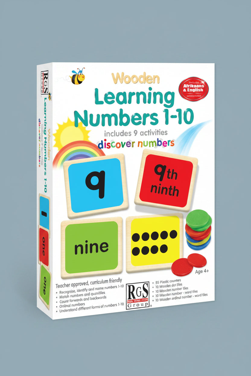 Front and side views of the 'Wooden Learning Numbers 1-10' educational toy set by RGS Studio. The packaging features colorful graphics of wooden number tiles, plastic counting files, word files, and a rainbow on a white background.