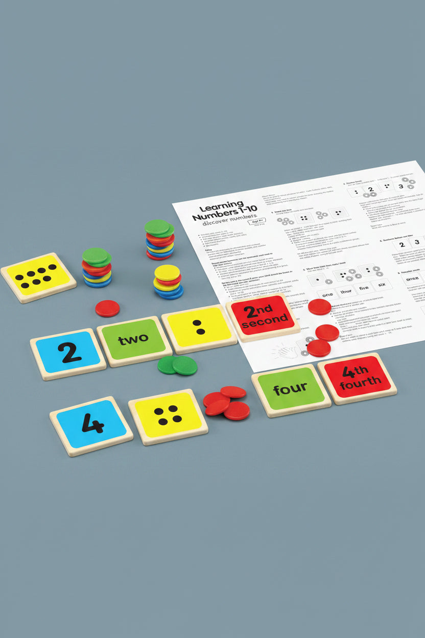 Learning Numbers 1-10 educational game set with colorful square tiles showing numbers and words, green and red circular tokens, and printed worksheet pages on a white background.