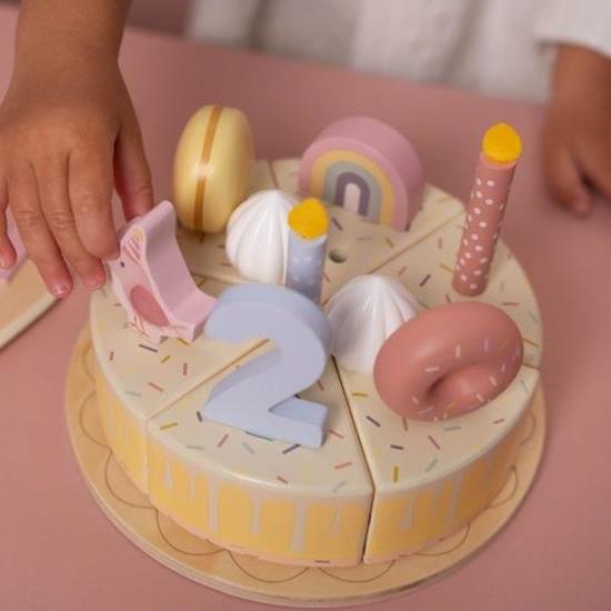Little Dutch wooden birthday cake toy with slices, candles and toppings for kids pretend play