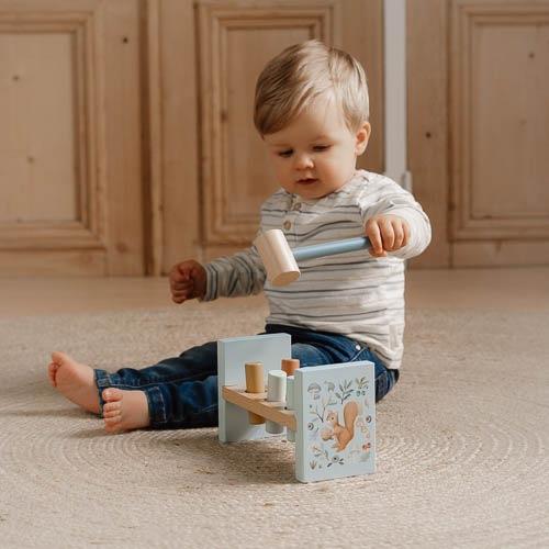 Little Dutch Forest Friends wooden pounding bench with colourful pegs and hammer for toddler play