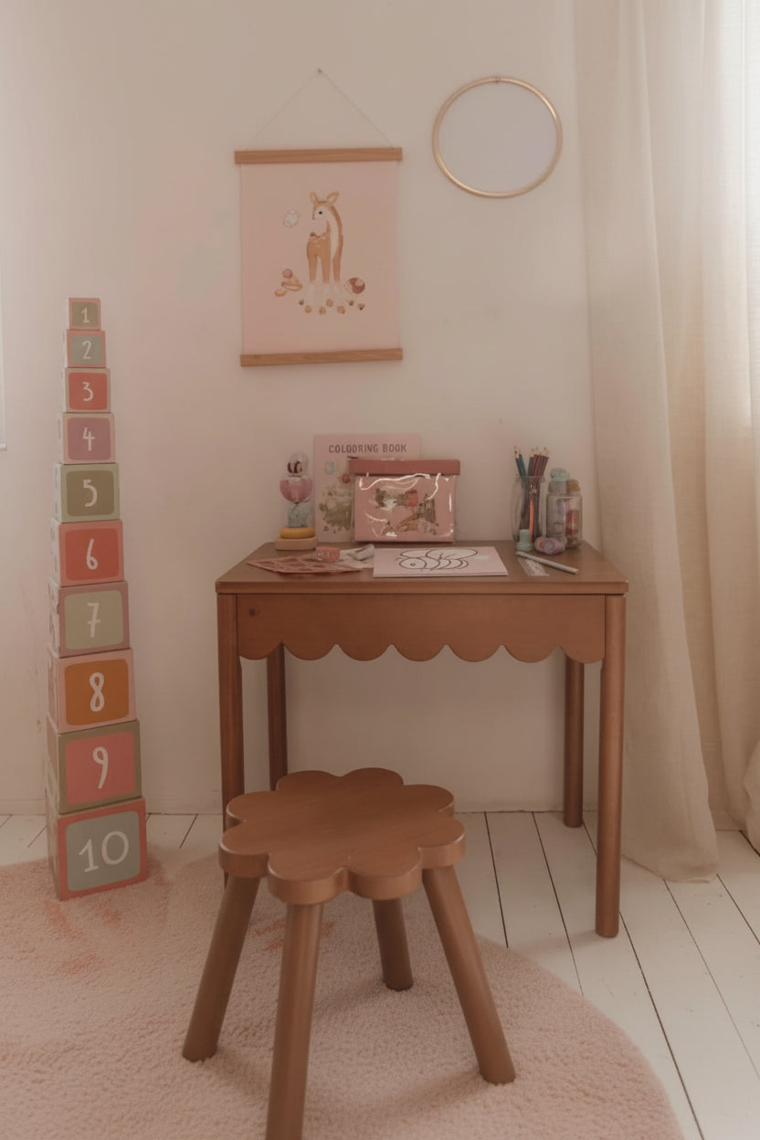A cozy children's room corner featuring a light wood writing desk with a scalloped front, a matching flower-shaped wooden stool, and a stack of colorful numbered blocks on the floor. A pink coloring book, a pink patterned pencil case, and other school supplies are neatly arranged on the desk against a warm beige wall with a unicorn poster.