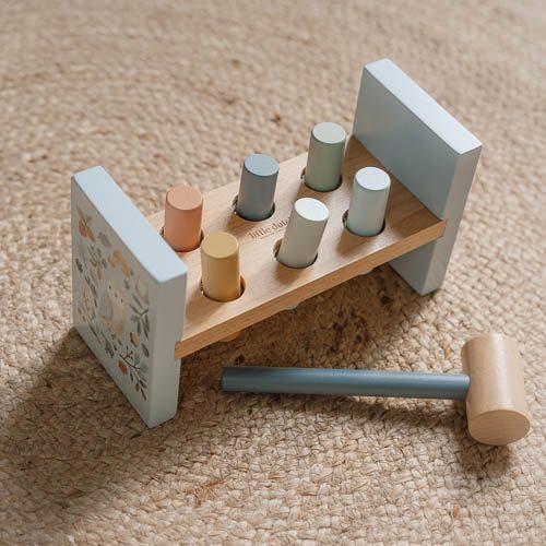 Little Dutch pounding bench with woodland animal theme and 6 colourful pegs for children