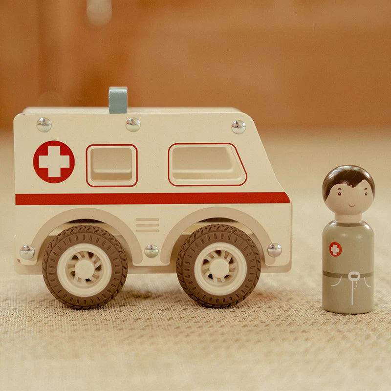 Little Dutch wooden ambulance toy with nurse figure