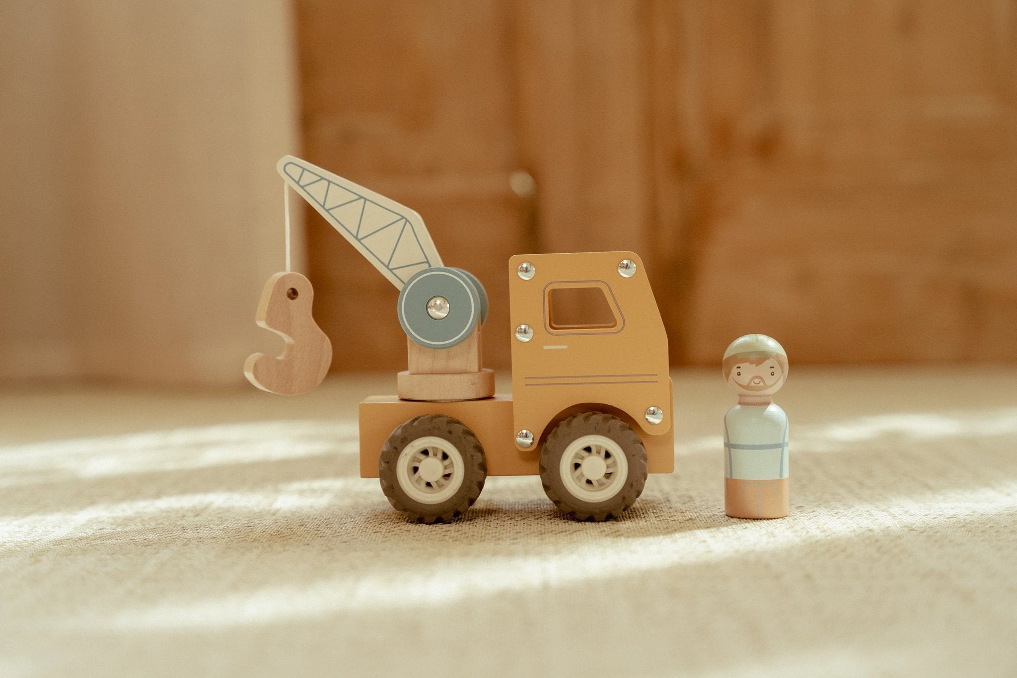 Little Dutch wooden crane truck with movable arm and hook for kids