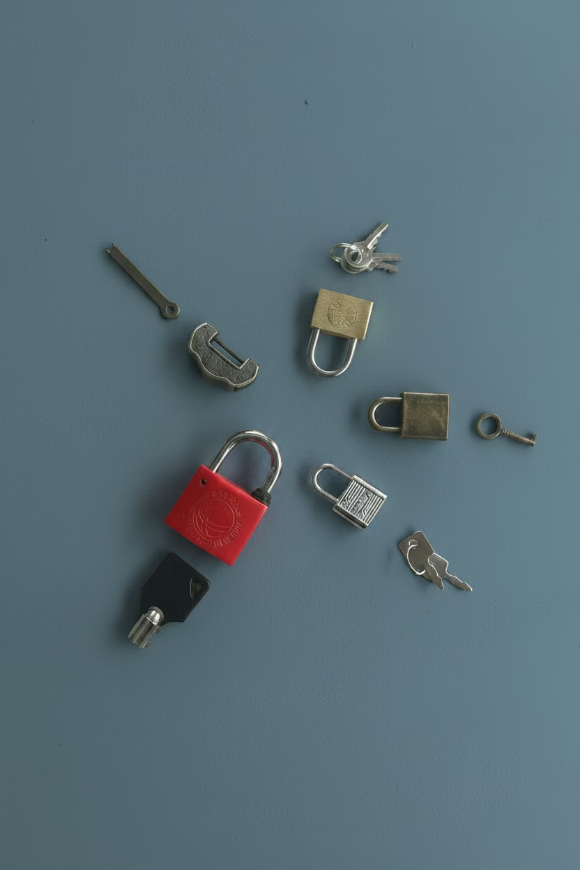 A collection of various padlocks and keys arranged on a light gray surface, including a prominent red padlock, a brass padlock, a bronze padlock, and several silver metal padlocks with keys.