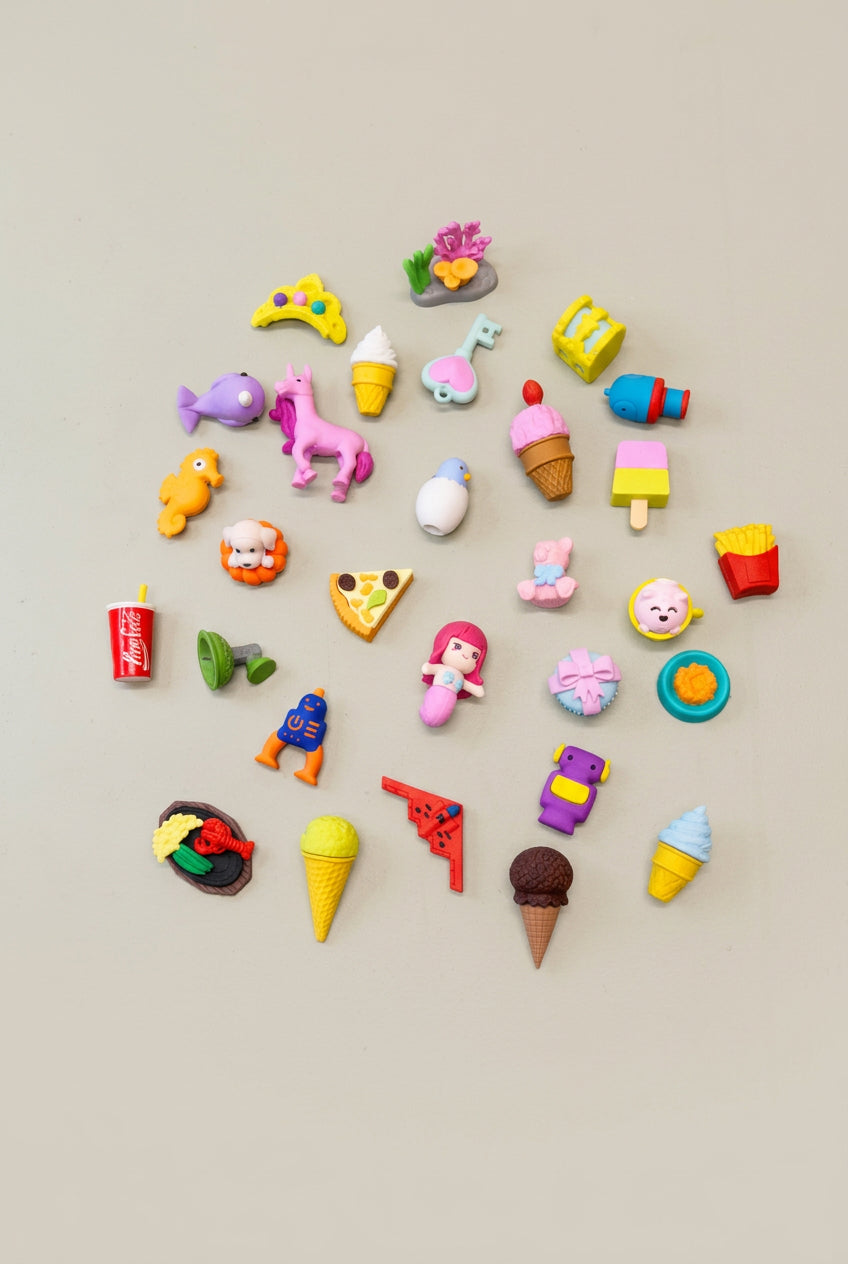 A collection of various mini erasers in different shapes and colors arranged on a grey surface.