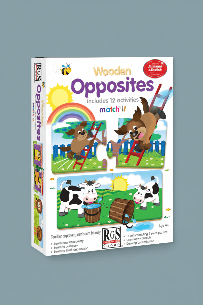 Box of RGS Wooden Opposites educational puzzle with cartoon animals and activities.